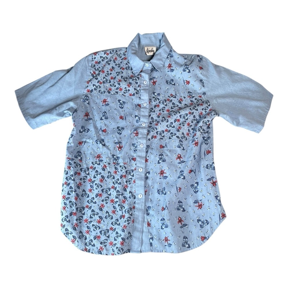 Women's Vintage Tapestry Button Down T Shirt Blue Floral Pattern - Picture 2 of 10